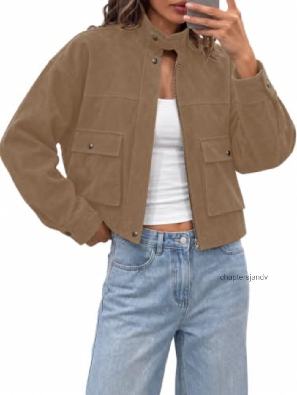 Faux Suede Bomber Jacket Button Zip Cropped Utility Coat Fall
